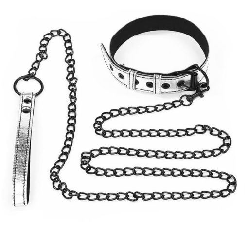 Lesa Fetish BDSM Metallic Pup Collar With Leash