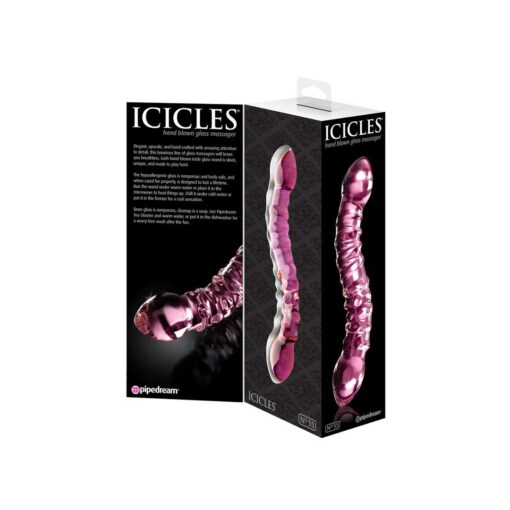 Dildo Sticla Icicles No 55 Pink - Placere pura, senzatii de neuitat. Dildo Sticla Icicles No 55 Pink este un dildo realizat integral din sticla, cu un design inovator cu doua capete. Fiecare capat are o forma conica, pentru o insertie usoara, in timp ce capetele bulbucate asigura o stimulare de exceptie. Curbele sale sunt special concepute pentru a atinge cu precizie punctele G sau P, oferind o placere exploziva. Acest dildo de sticla, hipoalergenic si non-poros, este un accesoriu intim 100% sigur pentru corp. Materialul este usor de curatat si, cu o ingrijire corecta, este proiectat sa reziste o viata intreaga. Fiecare capat are o textura unica, cu nervuri si spirale in relief, care ofera posibilitati nelimitate de placere. Folosirea unui dildo de sticla iti permite sa experimentezi senzatii termice deosebite. Il poti incalzi in apa calda sau il poti raci in frigider, pentru a-ti diversifica experientele intime. Suprafata sa fina si detaliile sculptate ofera o senzatie de lux si o placere intensa la fiecare miscare. Ghid de utilizare pentru o placere exploziva Pentru o experienta sigura si placuta, foloseste intotdeauna un lubrifiant pe baza de apa. Aplica-l generos pe dildo si pe zonele intime. Datorita designului cu doua capete, poti explora diferite senzatii si texturi, pentru a descoperi ce iti ofera cea mai mare placere. Datorita faptului ca este non-poros, dildo-ul de sticla se curata foarte usor. Spala-l inainte si dupa fiecare utilizare cu apa calda si sapun antibacterian. Poti folosi si o solutie speciala de curatare pentru a-l dezinfecta. Pastreaza dildo-ul in ambalajul original sau intr-un saculet special, pentru a evita spargerea sau ciobirea. Depoziteaza-l intr-un loc curat si uscat, ferit de praf. Detalii si specificatii produs Culoare: Roz Dimensiuni: 19.5 cm (lungime) x 3.5 cm (diametru) Material: Sticla Caracteristici speciale: Rezistent la apa, stimulare punct G sau P, design cu doua capete, textura nervurata si in relief Transforma placerea in arta. Alege Dildo Sticla Icicles No 55 Pink.