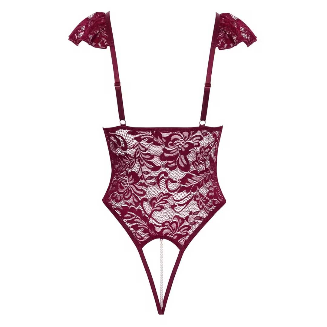Body Crotchless Cottelli - Dantela Florala Bordeaux Lanturi Perle si Decupaj