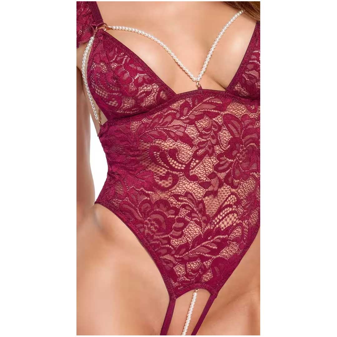 Body Crotchless Cottelli - Dantela Florala Bordeaux Lanturi Perle si Decupaj