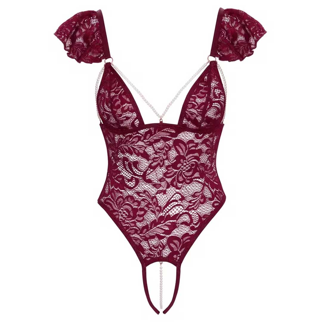 Body Crotchless Cottelli - Dantela Florala Bordeaux Lanturi Perle si Decupaj