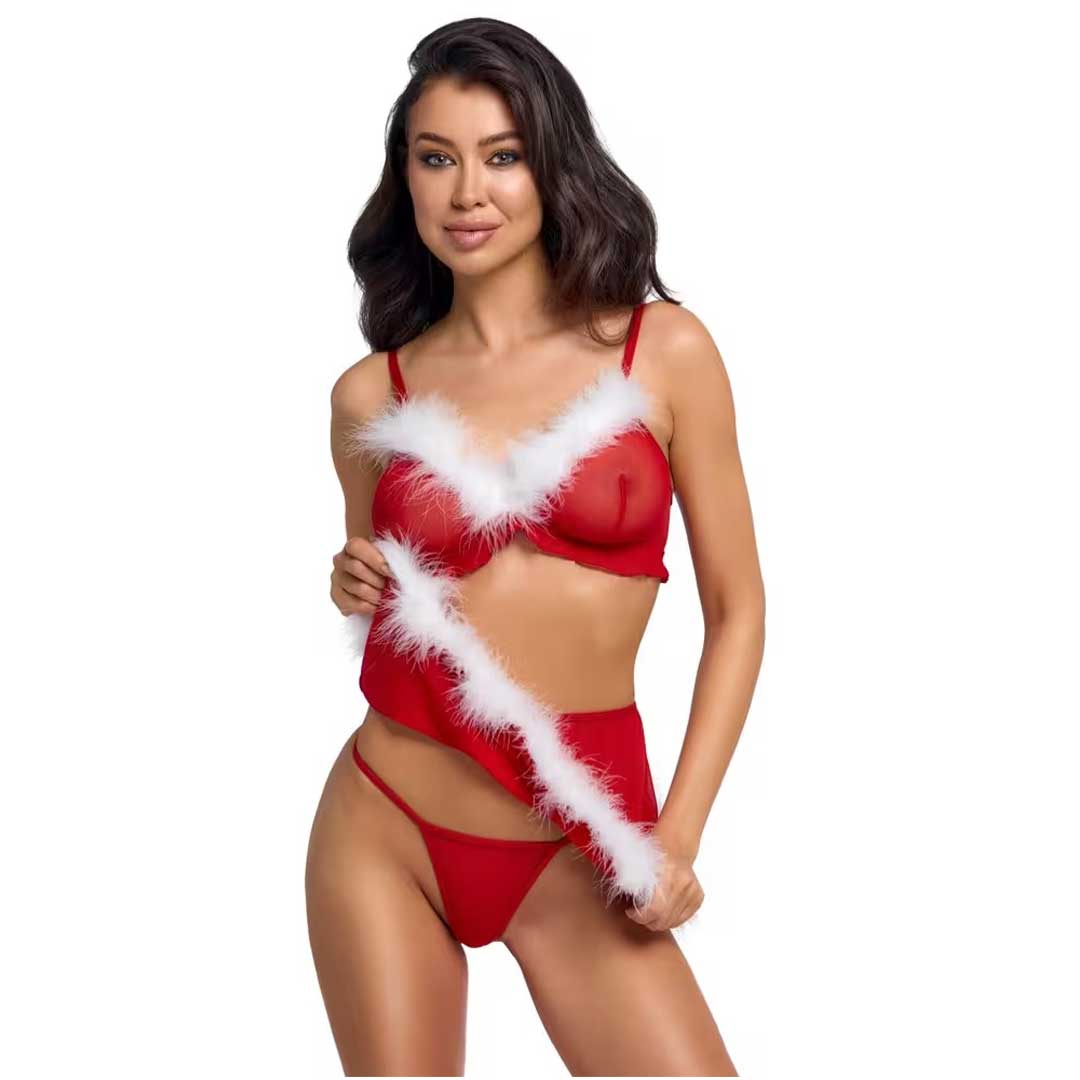 Set Lenjerie 3 Piese X-Mas - Sutien Fusta String si Pene Albe