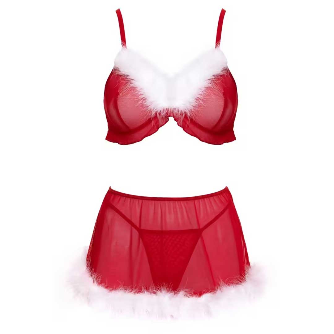 Set Lenjerie 3 Piese X-Mas - Sutien Fusta String si Pene Albe