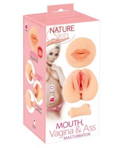 Masturbator Nature Skin 3-in-1 - Tunel Continuu 19.5 cm Anal Vaginal Oral