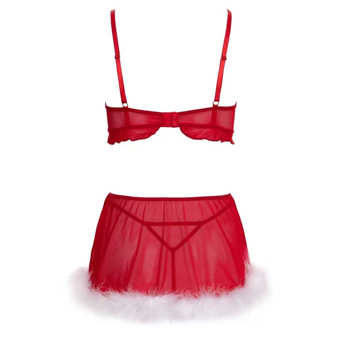 Set Lenjerie 3 Piese X-Mas - Sutien Fusta String si Pene Albe