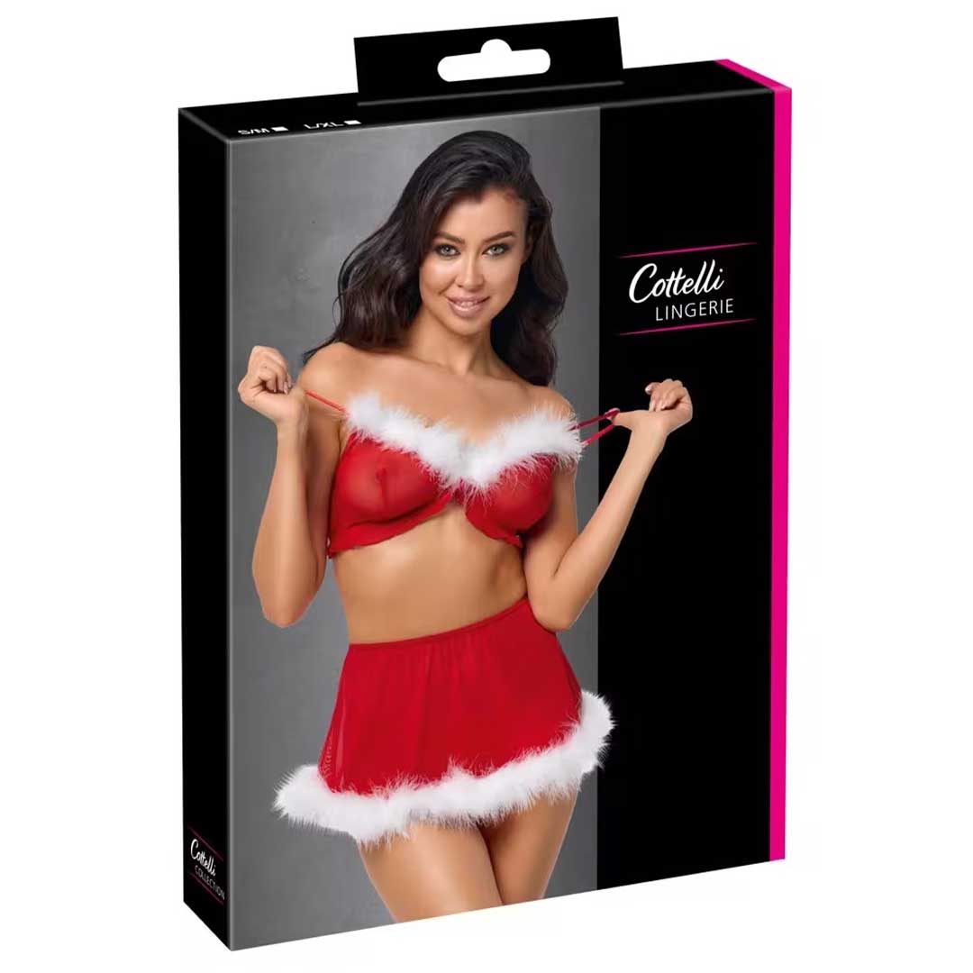 Set Lenjerie 3 Piese X-Mas - Sutien Fusta String si Pene Albe