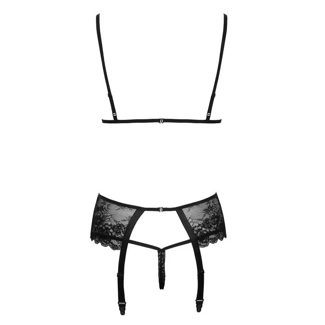 Set Lenjerie Sutien Portjartier si Tanga Kissable - Dantela Neagra Reglabil si Detalii Aurii