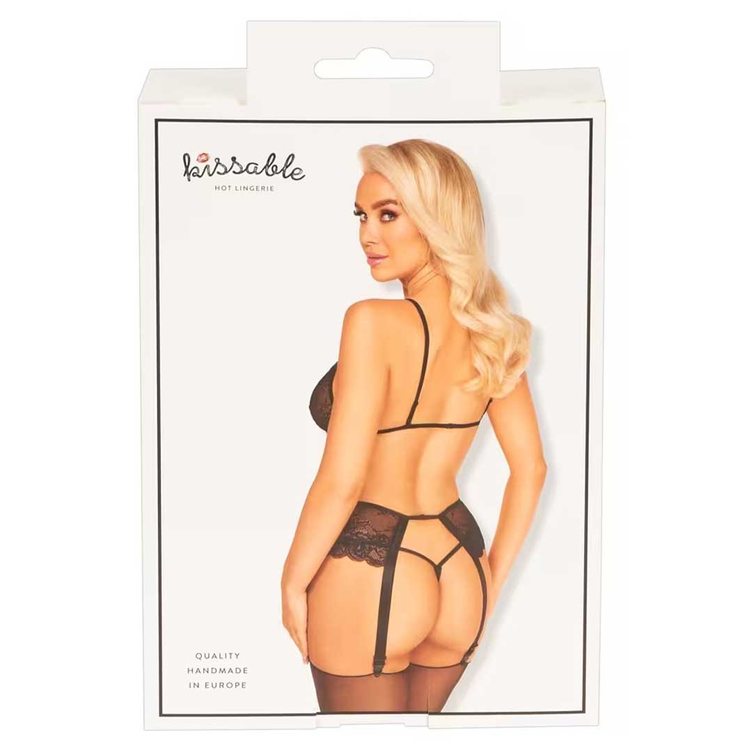 Set Lenjerie Sutien Portjartier si Tanga Kissable - Dantela Neagra Reglabil si Detalii Aurii