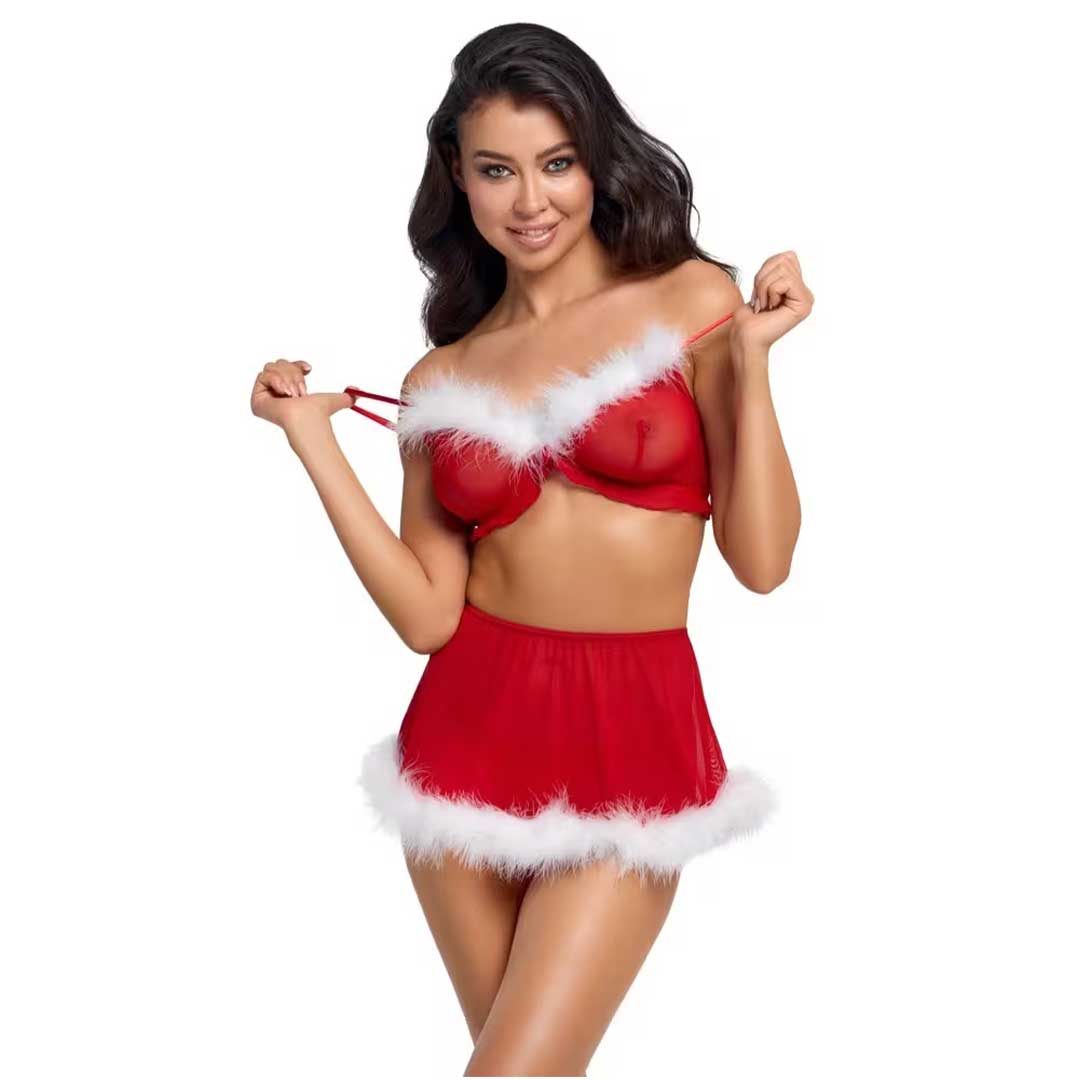 Set Lenjerie 3 Piese X-Mas - Sutien Fusta String si Pene Albe