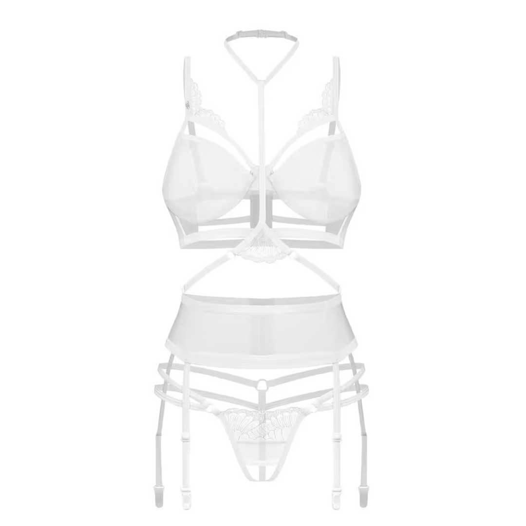 Set Lenjerie 3 Piese Obsessive - Tanga Decupat Sutien cu Sarma si Guler