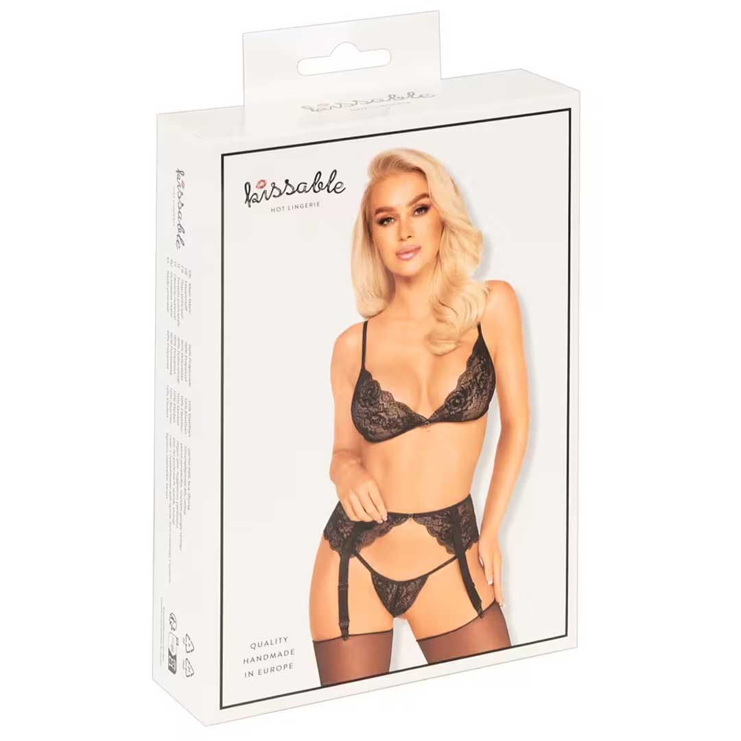 Set Lenjerie Sutien Portjartier si Tanga Kissable - Dantela Neagra Reglabil si Detalii Aurii
