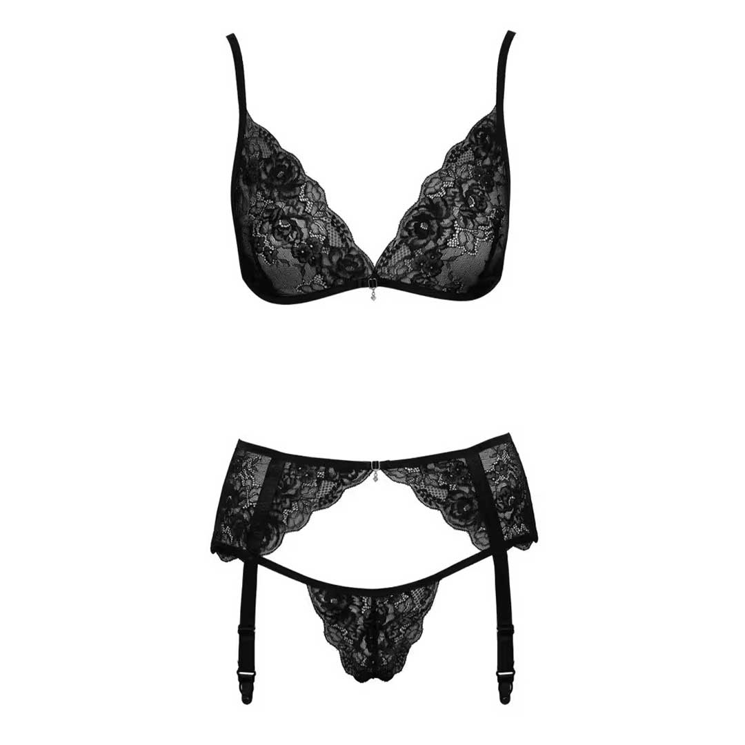 Set Lenjerie Sutien Portjartier si Tanga Kissable - Dantela Neagra Reglabil si Detalii Aurii