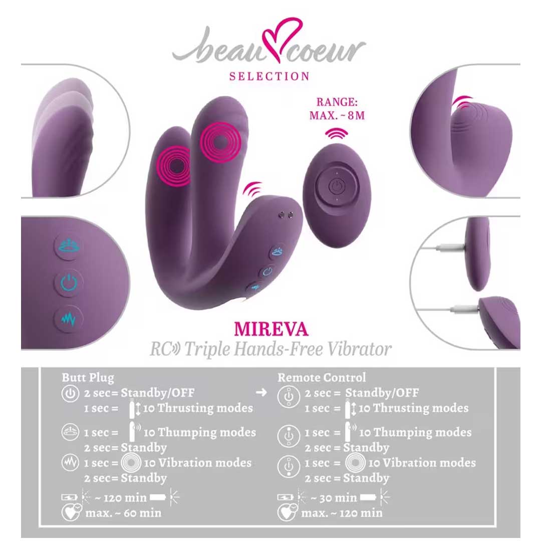 Vibrator Triplu Mireva RC - 3 Functii Mecanice 3 Motoare si Stimulare Vagin Clitoris Anus